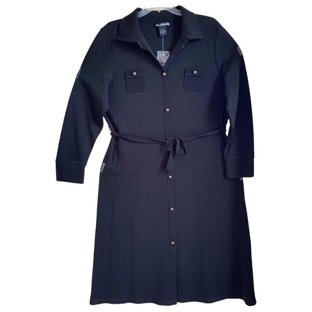 NWOT NINA LEONARD Womens' Black Long Sleeve Belted Button Midi Sweater Dress XL